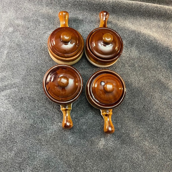 Other - Vintage Set of 4 Brown Glazed Stoneware Soup Crocks with Lids and Handles